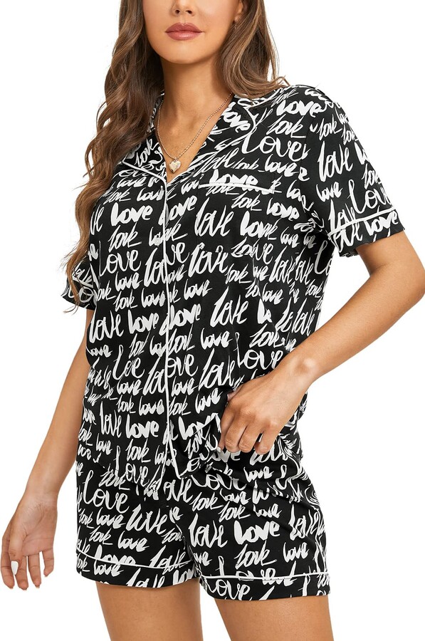 DOBREVA Women's Pajama Sets Short Sleeve and Shorts Loungewear PJ Set Cotton  Button Down Sleepwear 2 Piece Fashion Letter 12 - ShopStyle