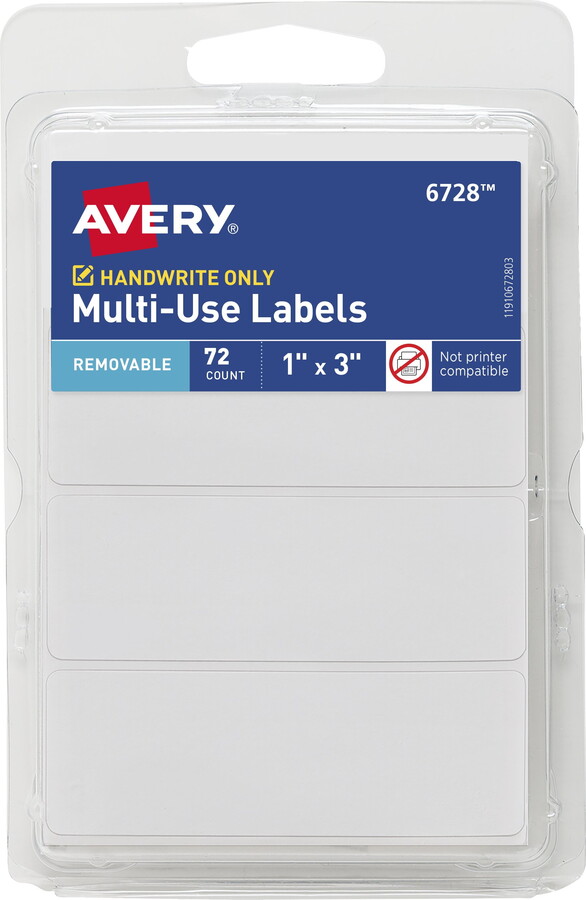 Avery Multi-Use Labels, 1" x 3", Paper, Removable, White, Handwrite, 72 Labels