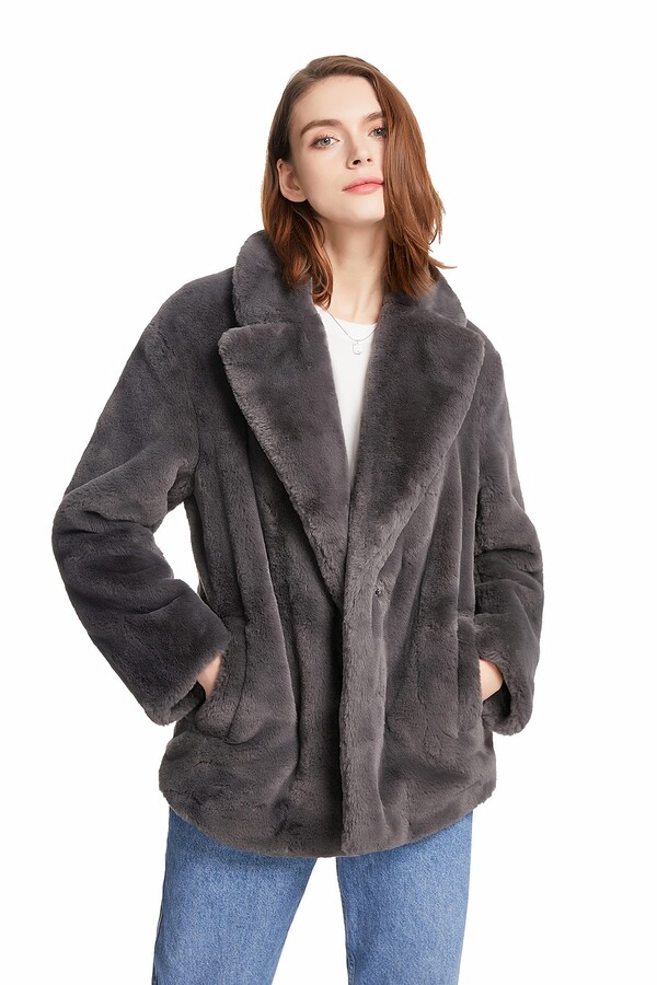 Relish Noless Women Faux Fur Coat Lapel Fluffy Sherpa Coat Shaggy Outwear Black