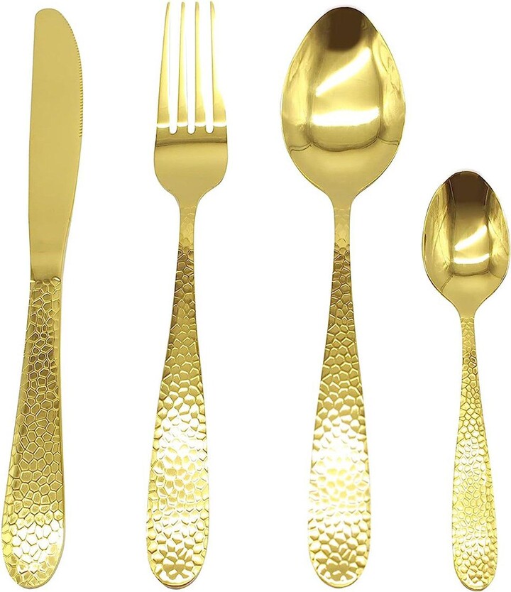 Glim & Glam Cutlery Sets Gold Stainless Steel Hammered Effect Handle 16