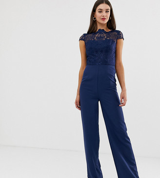 Chi Chi London Tall high neck 2 in 1 lace jumpsuit in navy - ShopStyle