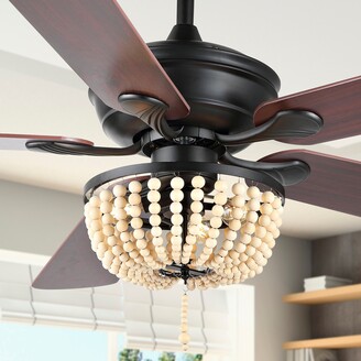 Jonathan Y Designs Erin 52" 3-Light Rustic Farmhouse Iron/Wood Bead Mobile-App/Remote-Controlled LED Ceiling Fan