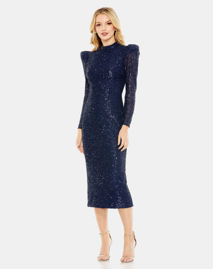 Leena for Mac Duggal Sequined Long Sleeve High Neck Column Dress
