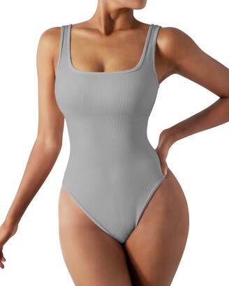 DOULAFASS Ribbed Shapewear for Women Square Neck Thong Backless Ladies Body  Suit Tummy Control Tank Bodysuit Shapewear Body Shaper - ShopStyle
