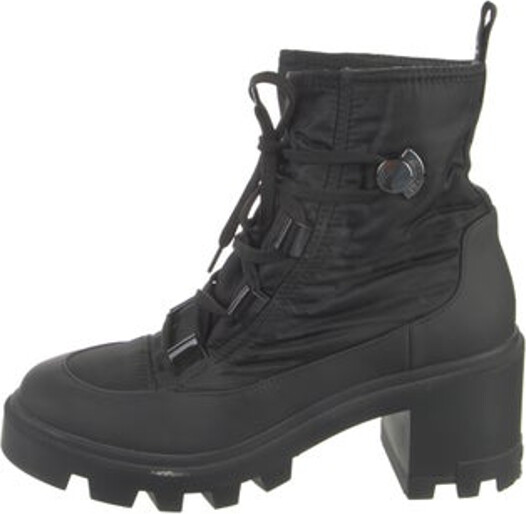 Moncler Nylon Ankle Combat Boots Black Rubber Trim Round-Toes Wrap-Around Straps & Lace-Up Closure at Uppers Designer