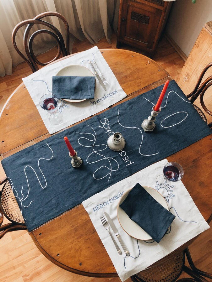 Etsy Table Linen Set Runner Placemats Napkins. Embroidered Navy Deep Blue Natural Tablecloth Set. Decor. Dining Room Decoration