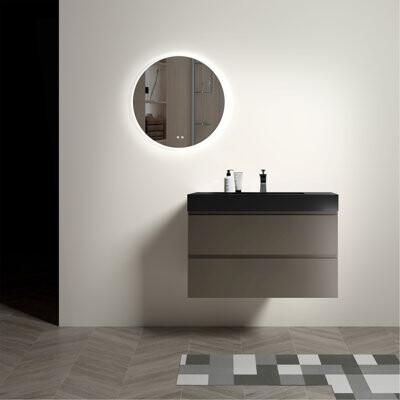 36" Gray Bathroom Vanity With Sink, Large Storage Wall Mounted Floating Bathroom Vanity For Modern Bathroom, One-Piece Black Sink Basin Without Drain