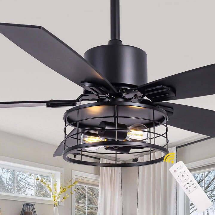 Bella Depot Koyah 46 in. Indoor Black Caged Ceiling Fan with Light and Remote, Farmhouse Down Rod Ceiling Fan with 6 Speeds