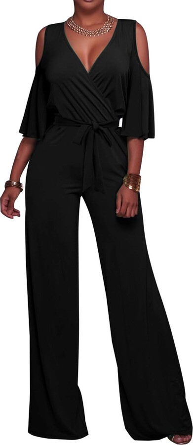  OLUOLIN Women Casual Solid Plus Size Drawstring Wide Leg Pants  One Piece Jumpsuits Rompers Black : Clothing, Shoes & Jewelry
