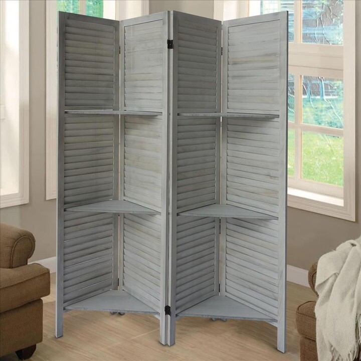 Plank 4 Panel Folding Divider Privacy Screen with 9 Storage Shelves and