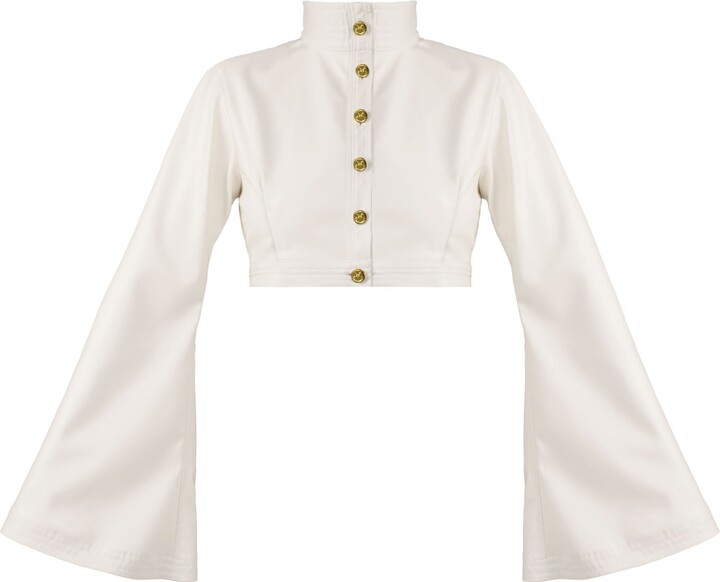 Kargede White Leather Cropped Jacket – High Neck Vegan Faux