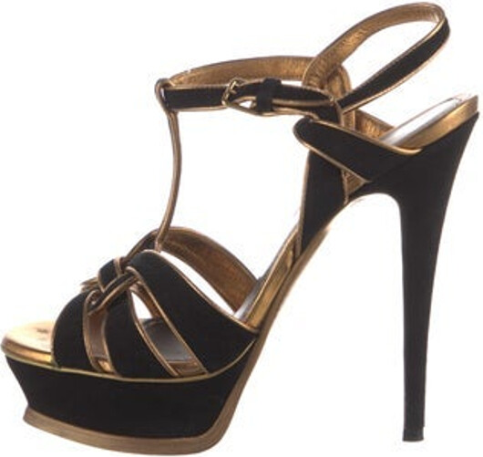 Saint Laurent Suede T-Strap Sandals Gold Cutout Accent & Leather Trim Platform Straps & Buckle Closure at Ankles