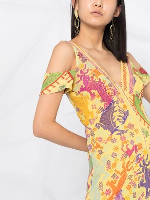 Etro Cold-Shoulder Ikat-Print Maxi Dress