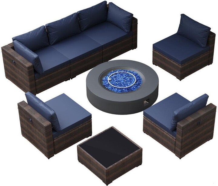 UPHA 8 Pieces Outdoor Fire Pit Patio Set with 42 inches Dark Gray Round Fire Pit Table with Coffee Table, Navy Blue Cushions