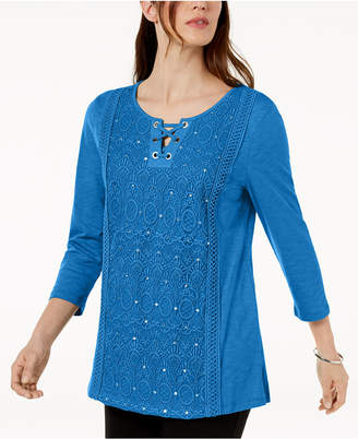 JM Collection Petite Cotton Lace-Up Crochet Top, Created for Macy's