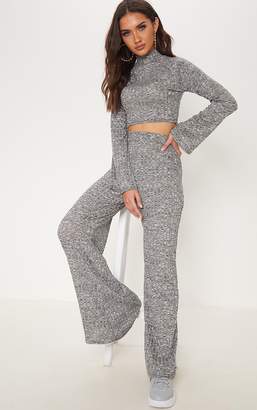 PrettyLittleThing Grey Ribbed Knitted Wide Leg Trouser