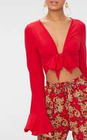 Thumbnail for your product : PrettyLittleThing Tangerine Tie Front Frill Sleeve Blouse