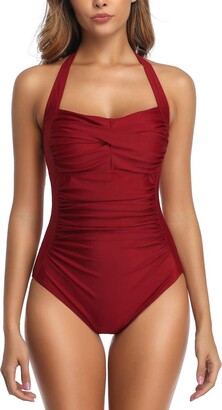Cupshe Women Swimsuit One Piece V Neck Halter Backless Ruched