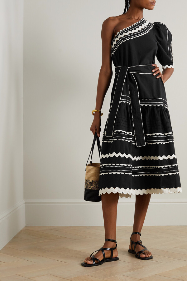 Sea Ryleigh Oneshoulder Ric Ractrimmed Cotton Midi Dress Black