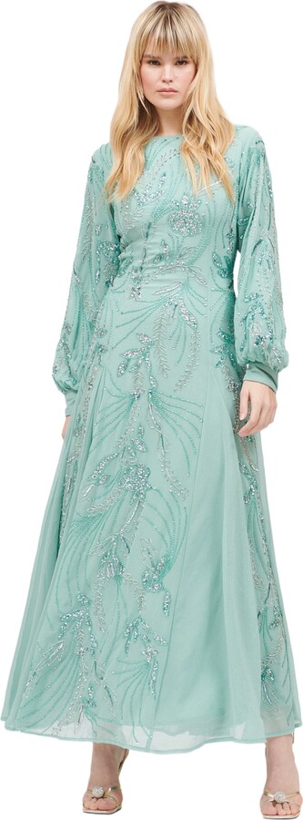 MARYISA Occasion Modest Embellished Sequin Beaded Boat Neck Evening Maxi Dress