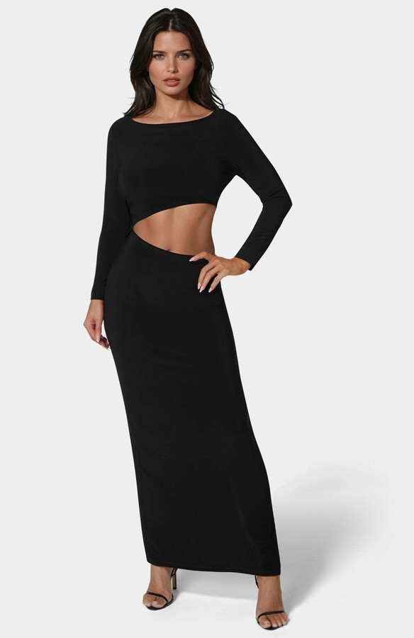 Bebe Women's Asymmetrical Cut Out Long Sleeve Maxi Dress