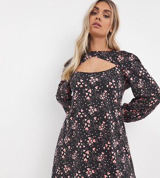 Simply Be cut out long sleeved heart print mini dress in black