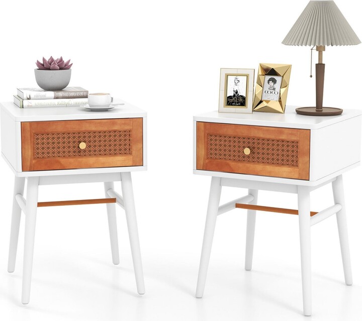 Gymax Set of 2 Nightstand Bedside End Table Solid Wood Legs White
