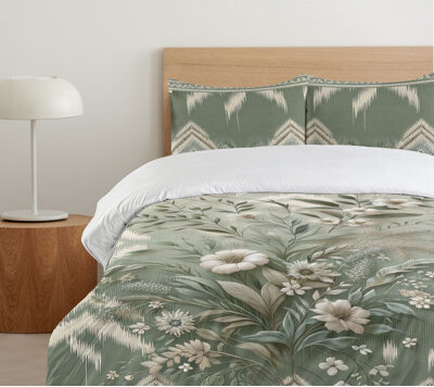 Ambesonne Sage Duvet Cover Set Retro Flowers on Ikat Chevron Reseda Green and Pale Khaki
