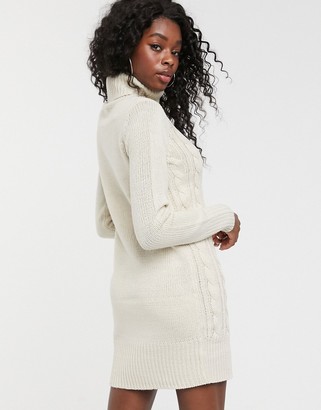 Brave Soul roll neck cable knit sweater dress in oatmeal