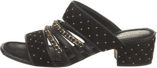 Chanel Suede Slides From the 2020 Collection by Virginie Viard Black & Gold Interlocking CC Logo Studded & Chain-Link Accents Multistrap Designer