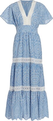 Elie Tahari Lace Trimmed Tiered Eyelet Maxi Dress