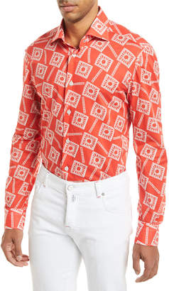 Kiton Floral-Print Long-Sleeve Shirt, Coral