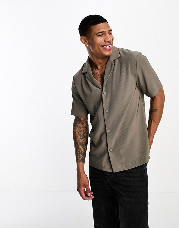 The Couture Club short sleeve camp collared shirt in ribbed mink gray -  ShopStyle