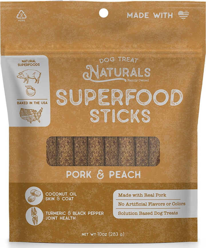 Dog Treat Naturals: Superfood Sticks - Pork & Peach - 10oz Bag, Dog Chew Treats, All-Natural, Pet Training Snacks, Joint-Skin-Coat Health, USA Made