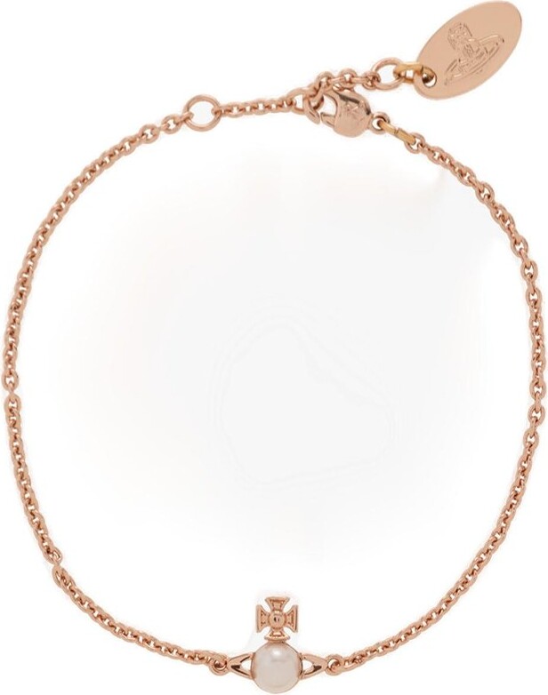 Vivienne Westwood Gold and Pink Heart Orb Charm Chain Bracelet with Swarovski Crystals