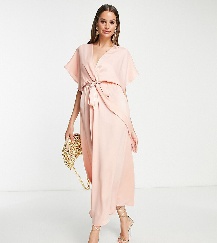 Flounce London Tall satin kimono sleeve midi dress in light pink ...