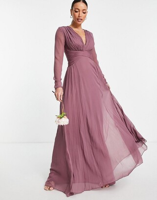 ASOS Tall ASOS DESIGN Tall Bridesmaid ruched waist maxi dress with long  sleeves and pleat skirt in Mauve - ShopStyle