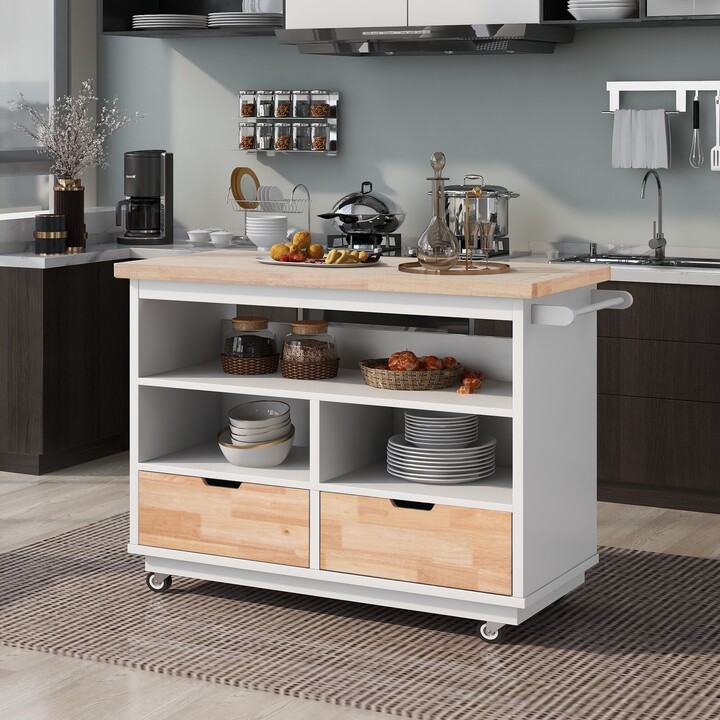 Aoolive Kitchen Cart Rolling Mobile Kitchen Island Solid Wood Top, Kitchen Cart With 2 Drawers