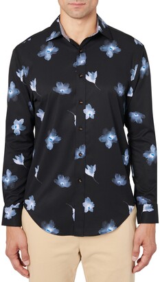 Teapolity Men Slim Banana Floral Fashion Turn Down Collar Long Sleeve Button Down Shirts 