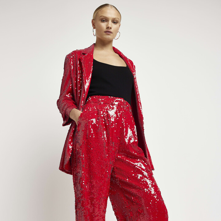 Red stitched wide leg trousers