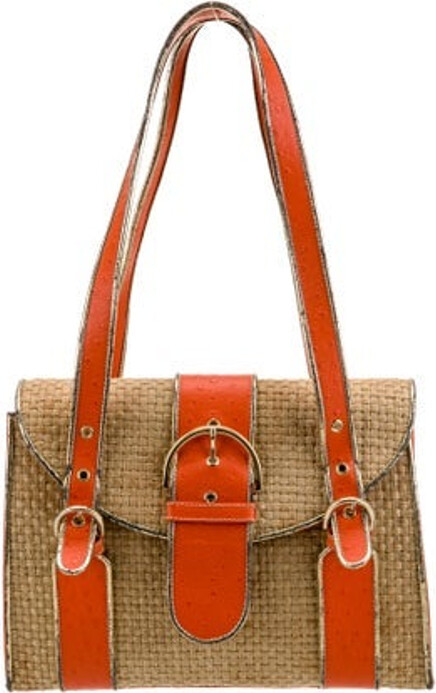 Walter Steiger Shoulder Bag Neutrals Raffia Colorblock Pattern Gold-Tone Hardware Ostrich Trim Dual Adjustable Shoulder Straps Nylon Lining & Three Interior Pockets Snap Closure at Front Protective Feet at Base Unfortunately, due to restrictions, this item may not be eligible for shipping in all areas.