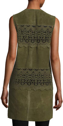 Neiman Marcus Long Suede & Lace Topper Vest, Olive