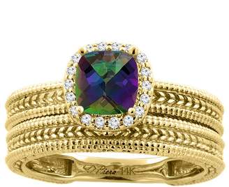 Sabrina Silver 14K Yellow Gold Diamond Natural Mystic Topaz 2-pc Engagement Ring Set Cushion 7x7 mm, size 5