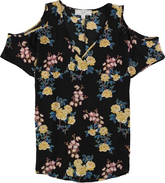 Hippie Rose HippieRoseWomensCold-ShoulderPrintedPulloverBlouse,bkgldortlflr,Medium