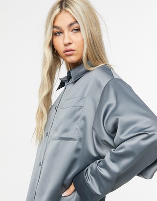 Collusion satin shirt dress in charcoal