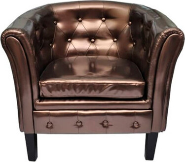 Benjara Deina Armchair, Tufted Shiny Brown Faux Leather, Black Wood Legs