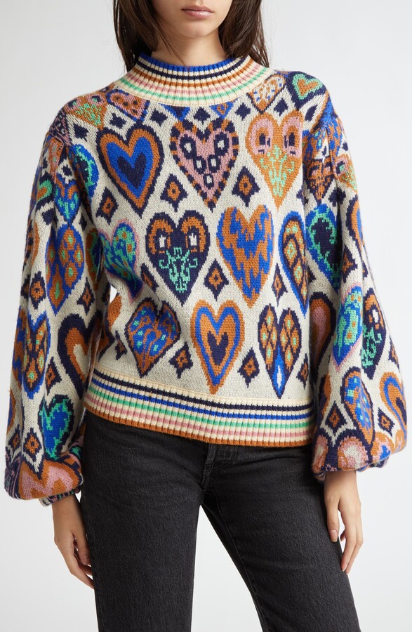 Farm Rio Hearts Ikat Balloon Sleeve Sweater ShopStyle Knitwear