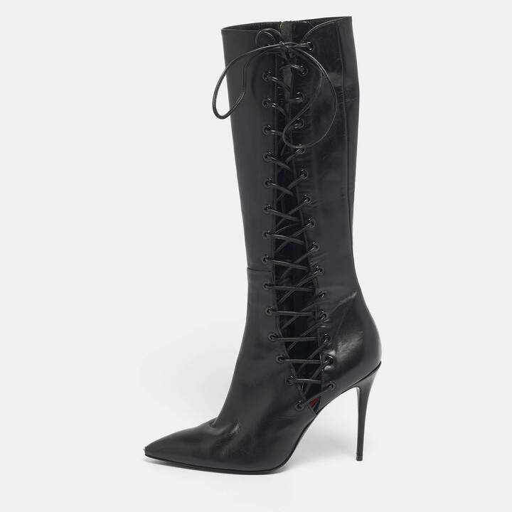 Maison Ernest Black Leather Lace Up Knee Length Boots Size 39