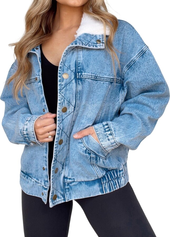 Kedera Women's Sherpa Collar Oversized Denim Jacket Boyfriend Long