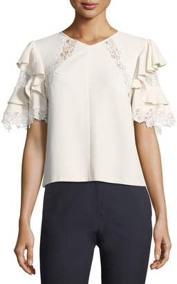 Rebecca Taylor Short-Sleeve Crepe Top w/ Lace